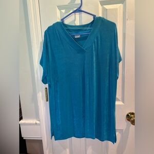 Chicos Travelers Women's Top V Neck Short Sleeve Blue Slinky‎ Size 2 Large 12/14